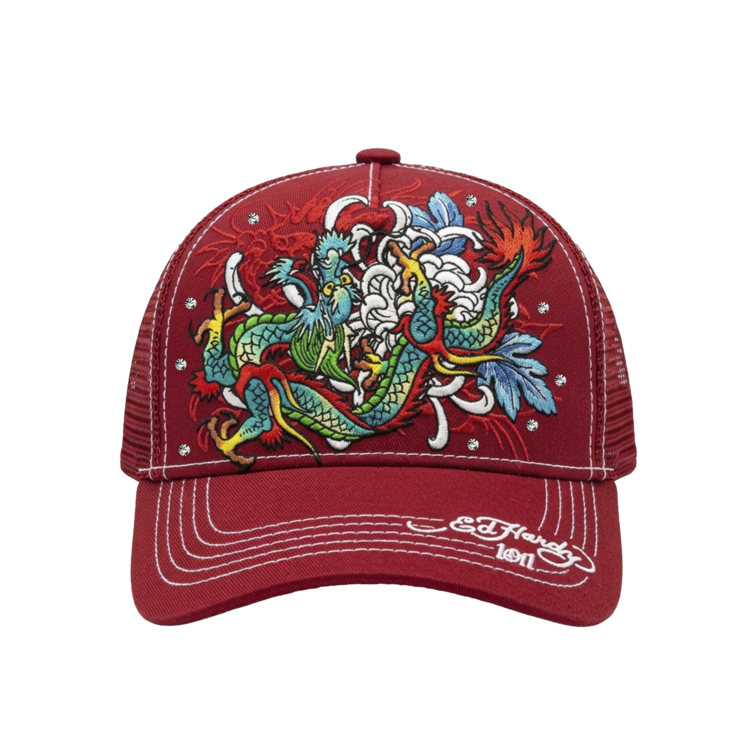 Boné Vermelho Com Bordado & Strass "Dragon" Ed Hardy