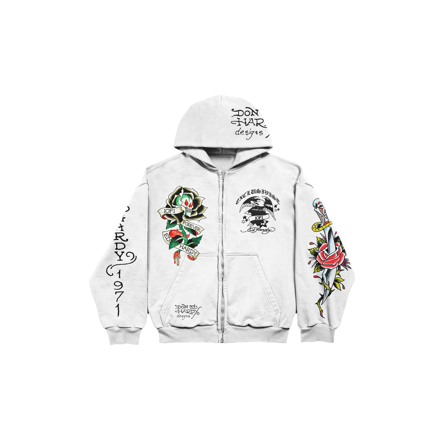 Hoodie Zip Off White Rhinestone "EDH 1OF1 FOREVER" Ed Hardy & 1OF1 Exclusivist