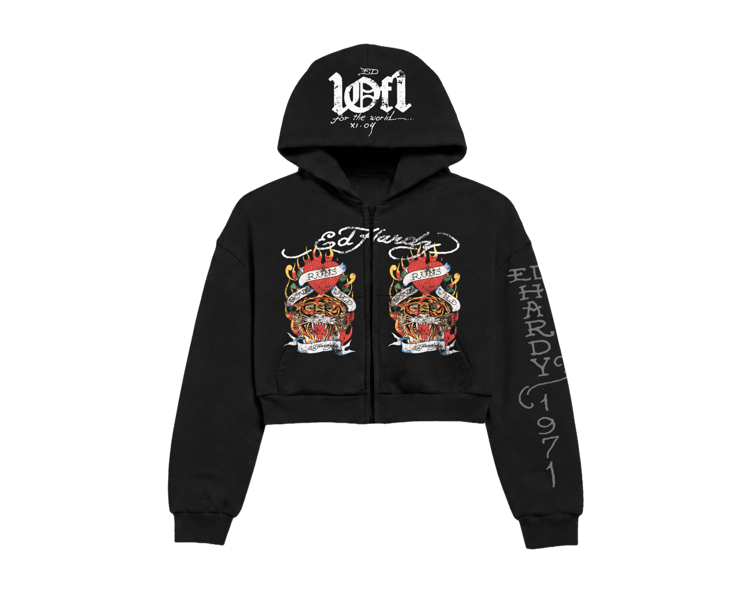 Blusa Cropped de Moletom Preta Rhinestone "Love Runs Wild" Ed Hardy & 1OF1 Exclusivist