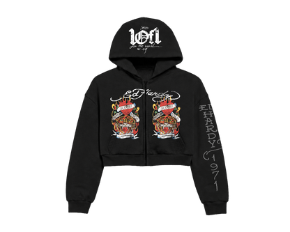 Blusa Cropped de Moletom Preta Rhinestone "Love Runs Wild" Ed Hardy & 1OF1 Exclusivist