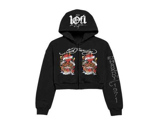 Blusa Cropped de Moletom Preta Rhinestone "Love Runs Wild" Ed Hardy & 1OF1 Exclusivist