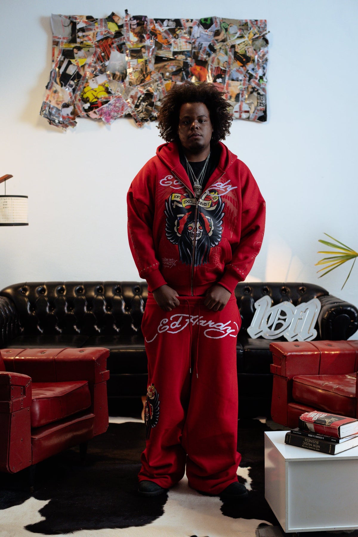 Calça de Moletom Vermelha "The Reaper" Ed Hardy & 1OF1 Exclusivist