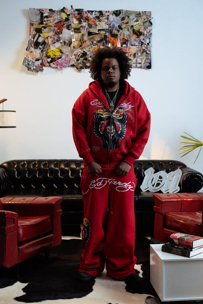 Calça de Moletom Vermelha "The Reaper" Ed Hardy & 1OF1 Exclusivist