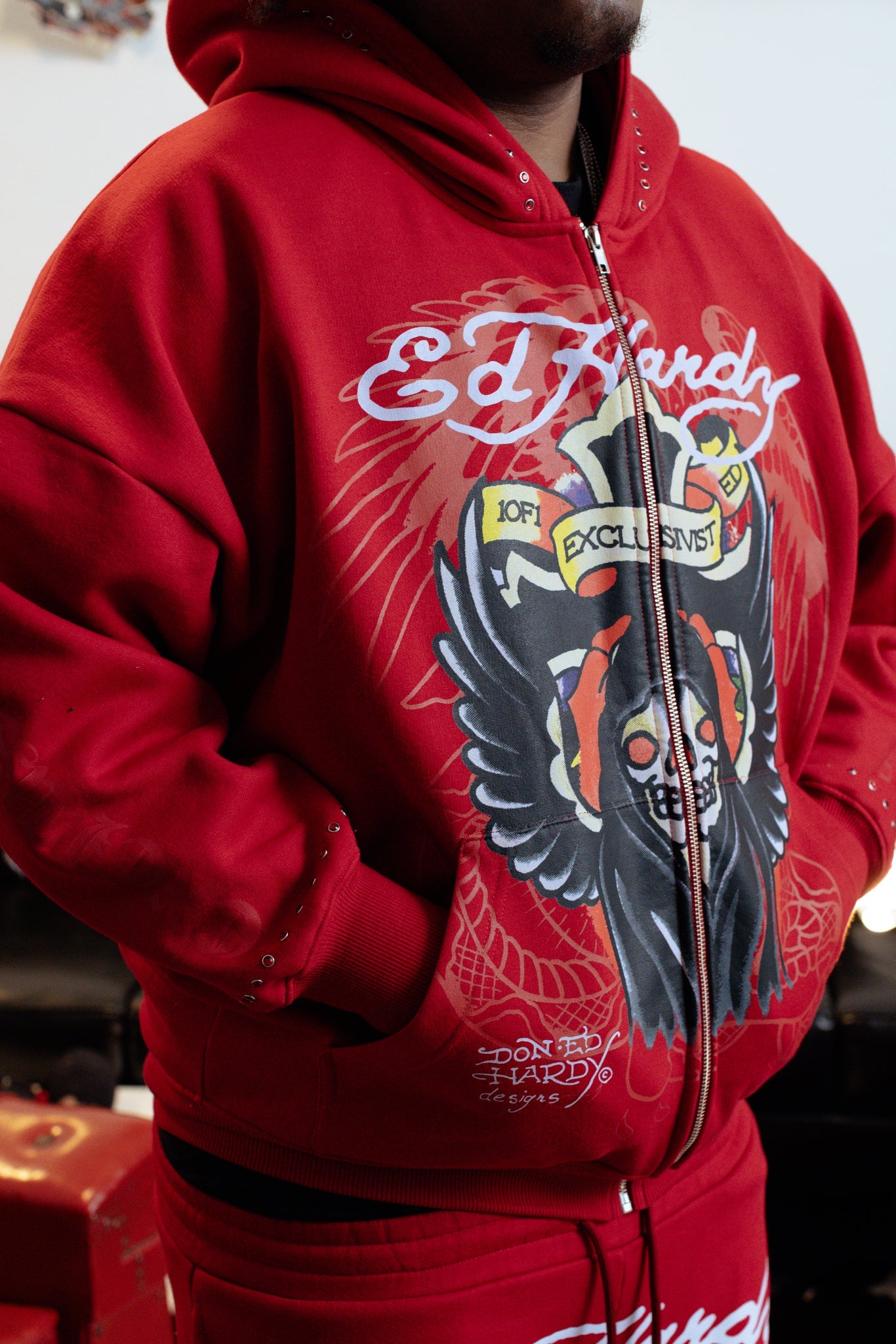 Hoodie Zip Vermelho "The Reaper" Ed Hardy & 1OF1 Exclusivist