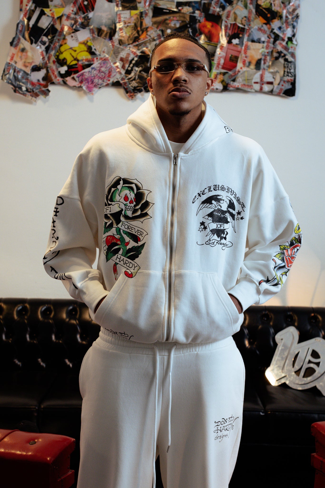 Hoodie Zip Off White Rhinestone "EDH 1OF1 FOREVER" Ed Hardy & 1OF1 Exclusivist