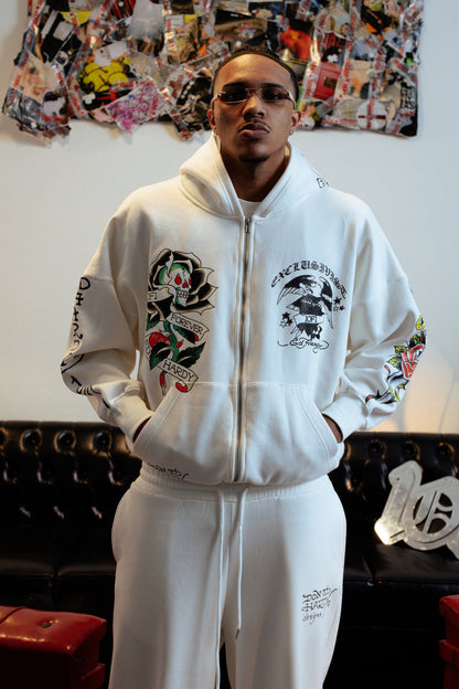 Hoodie Zip Off White Rhinestone "EDH 1OF1 FOREVER" Ed Hardy & 1OF1 Exclusivist