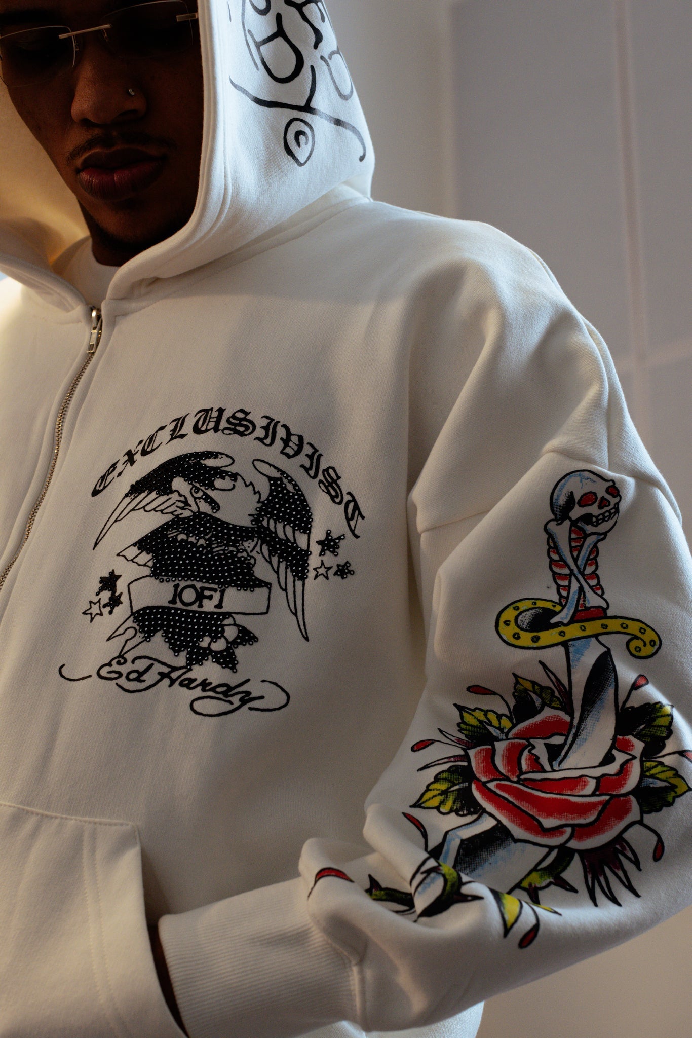 Hoodie Zip Off White Rhinestone "EDH 1OF1 FOREVER" Ed Hardy & 1OF1 Exclusivist