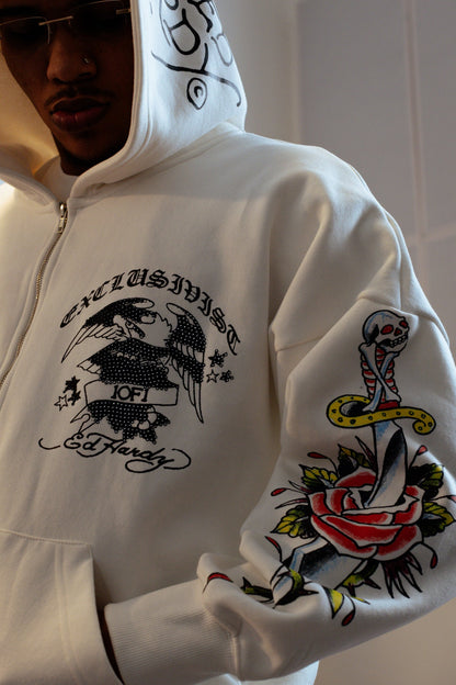 Hoodie Zip Off White Rhinestone "EDH 1OF1 FOREVER" Ed Hardy & 1OF1 Exclusivist