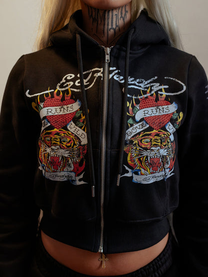 Blusa Cropped de Moletom Preta Rhinestone "Love Runs Wild" Ed Hardy & 1OF1 Exclusivist