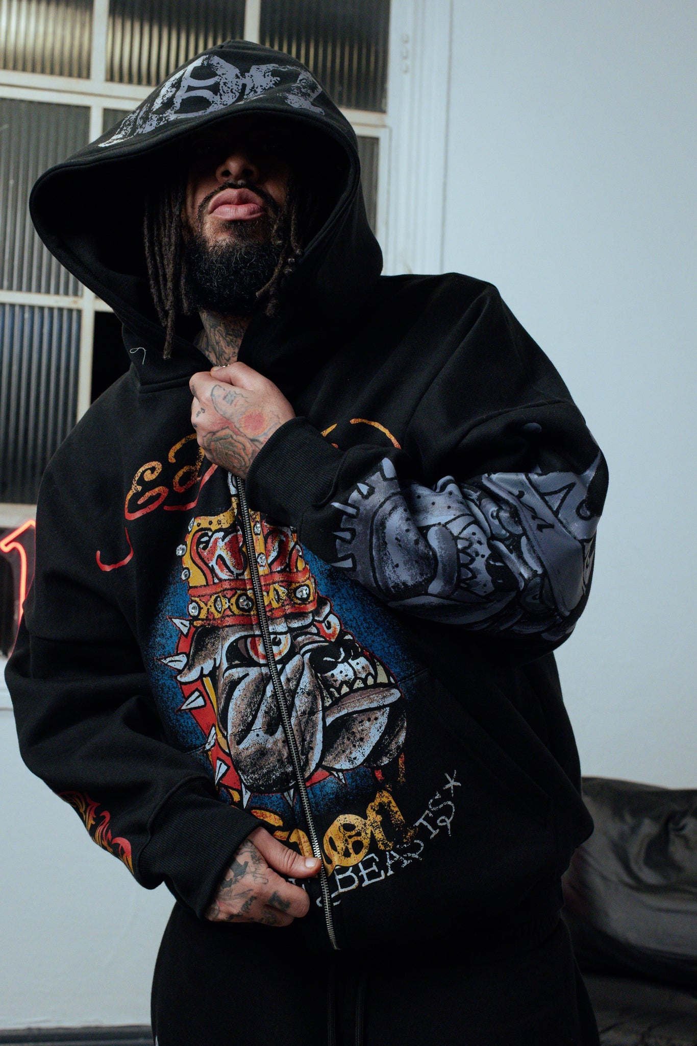 Hoodie Zip Preto "King of Beasts" Ed Hardy & 1OF1 Exclusivist