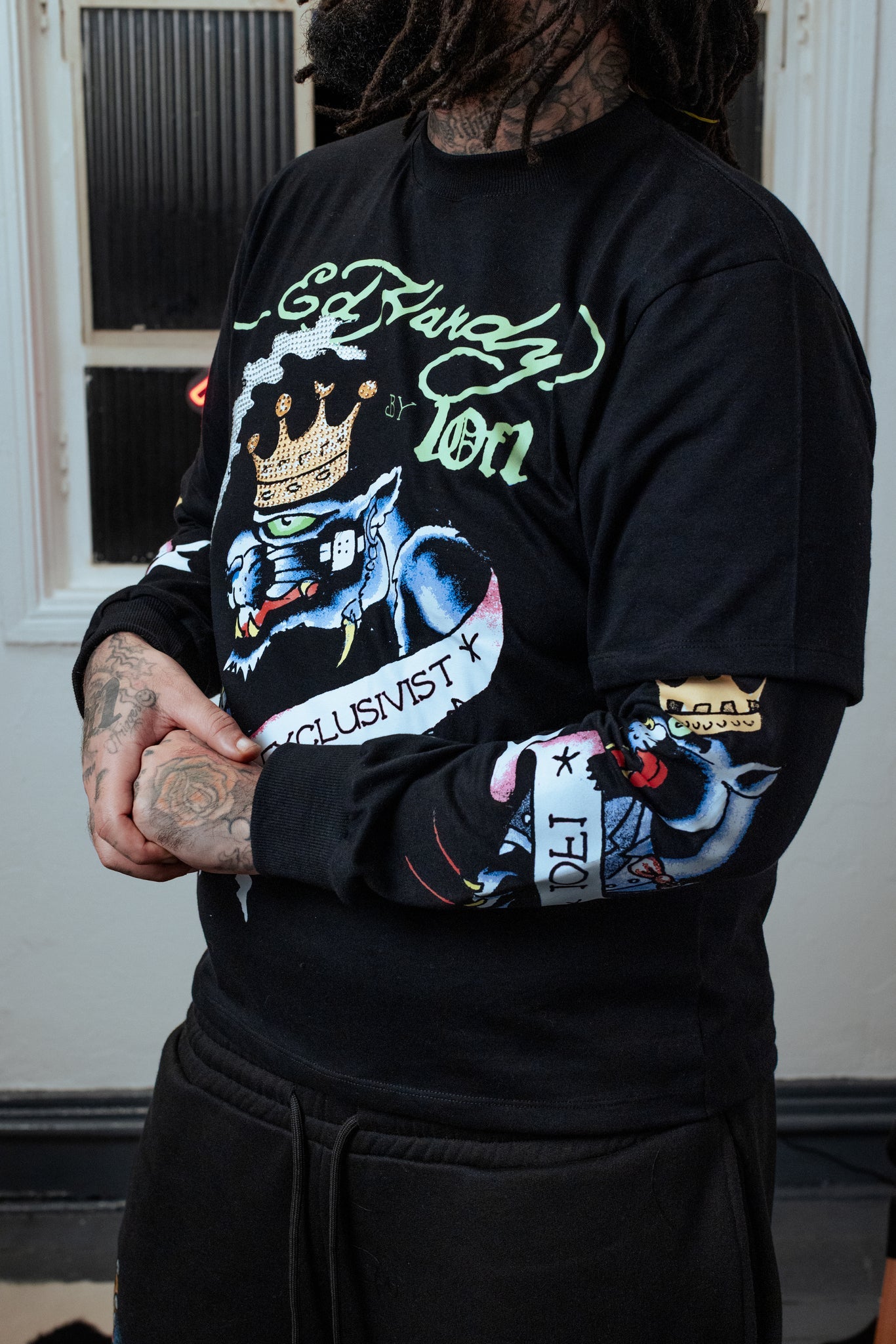 Camiseta Manga Longa Preta "Rhinestone Panther"  1OF1 & Ed Hardy Exclusivist