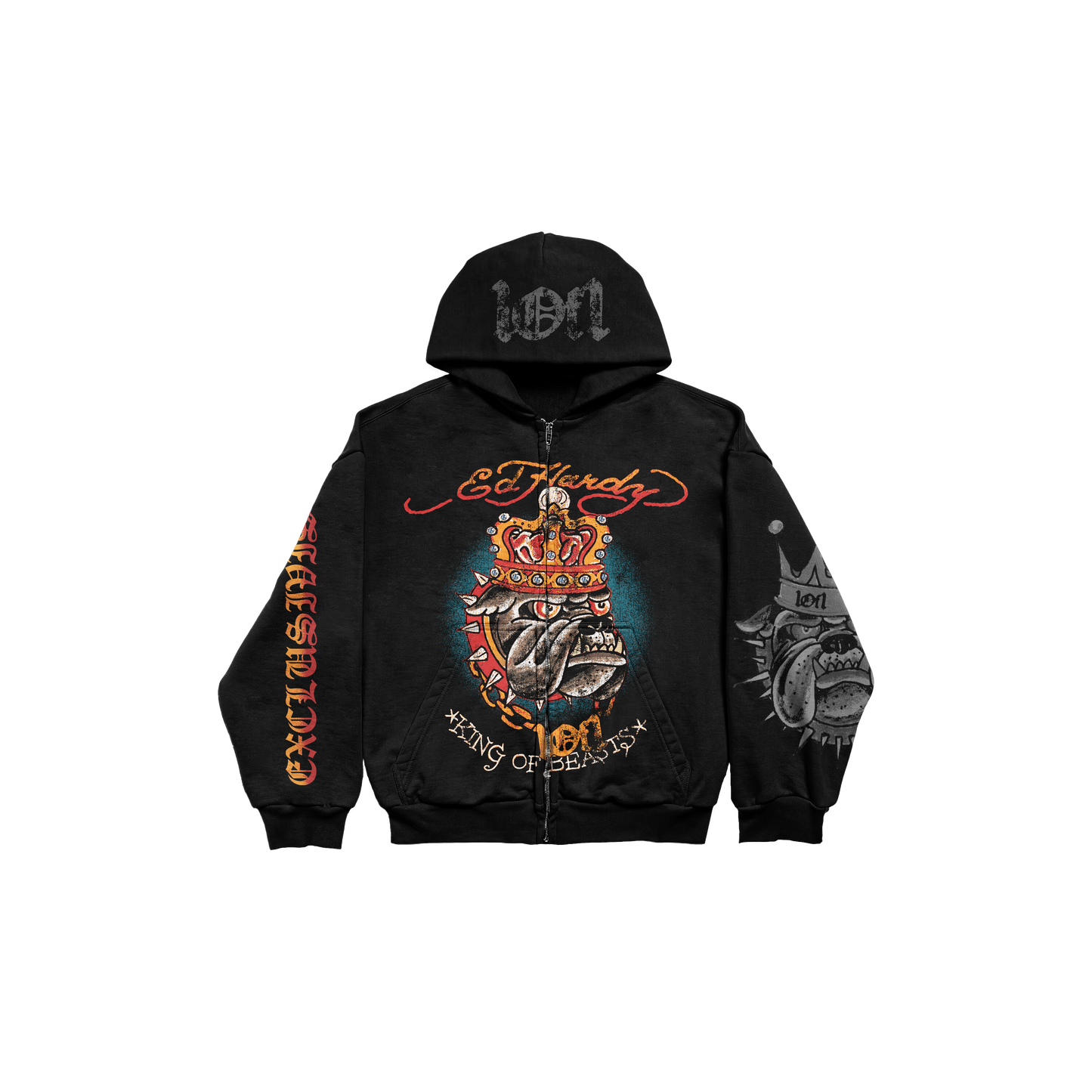 Hoodie Zip Preto "King of Beasts" Ed Hardy & 1OF1 Exclusivist