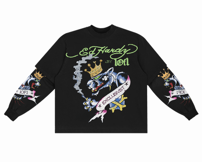 Camiseta Manga Longa Preta "Rhinestone Panther"  1OF1 & Ed Hardy Exclusivist